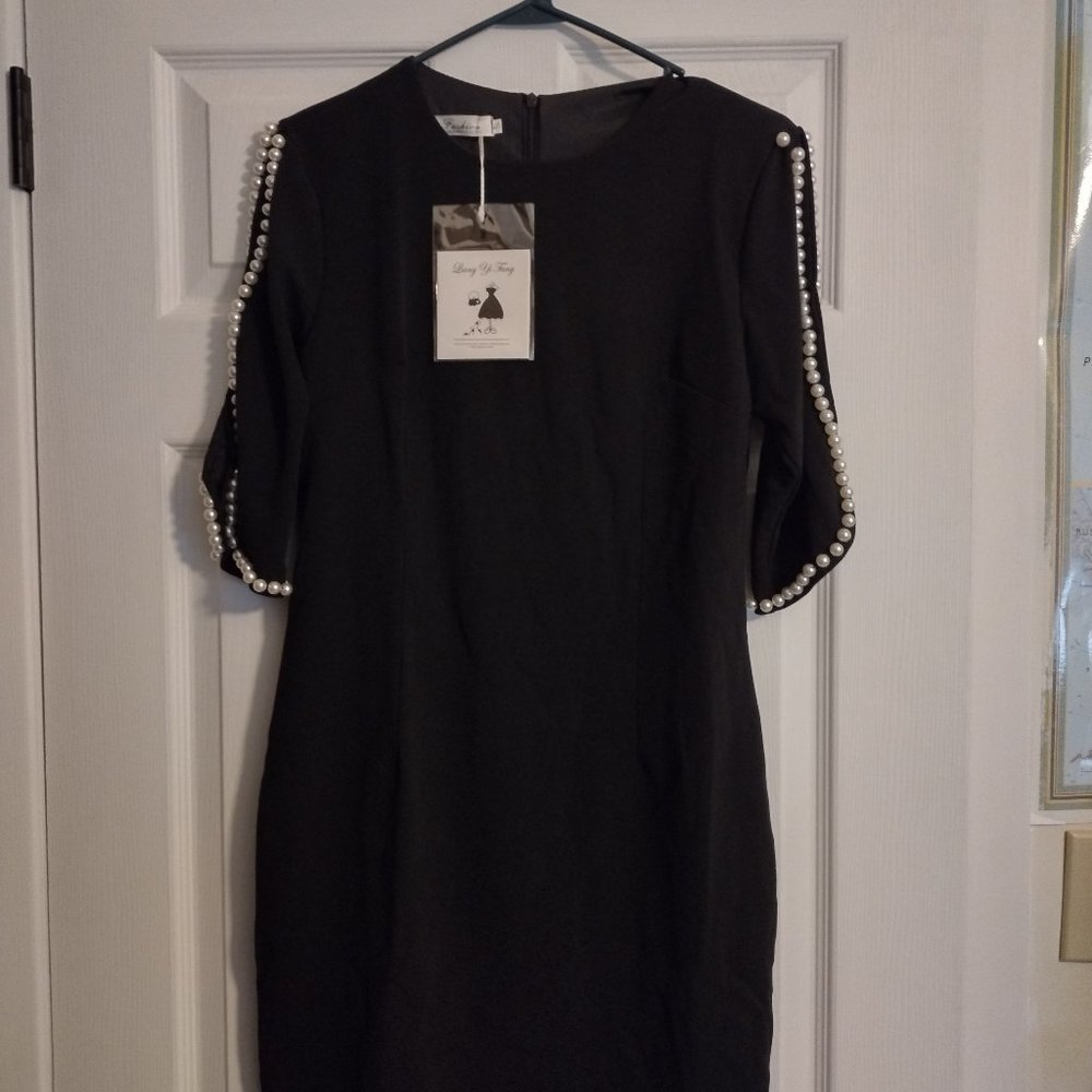 New Womens Small Size Black Work Office Evening Dress with Pearls on Sleeves